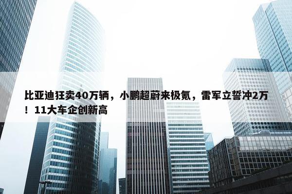 比亚迪狂卖40万辆，小鹏超蔚来极氪，雷军立誓冲2万！11大车企创新高